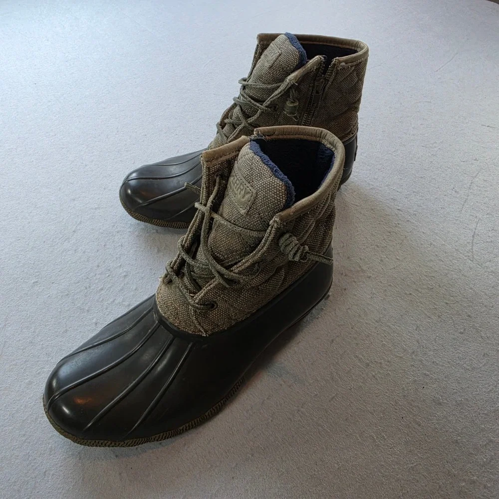 Sperry Saltwater Duck Boots Womens 7 Olive Green Brown Waterproof STS99132